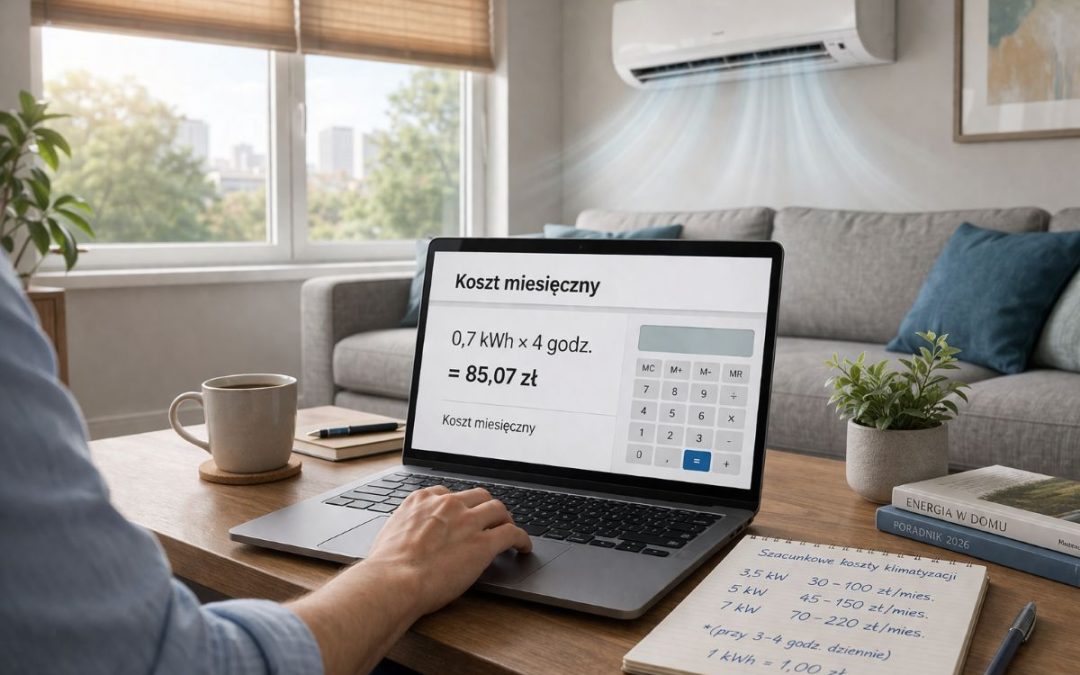 Klimatyzator ścienny chłodzący salon, laptop z obliczeniami kosztu miesięcznego klimatyzacji