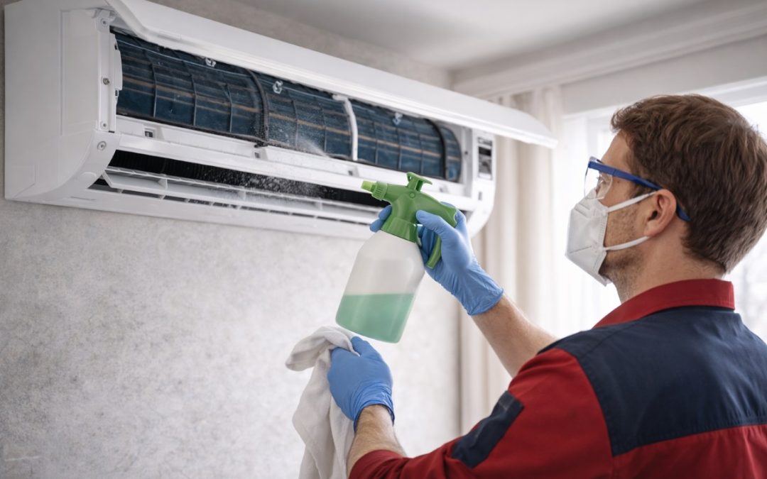 Odgrzybianie klimatyzacji domowej – serwisant czyści jednostkę wewnętrzną klimatyzatora split